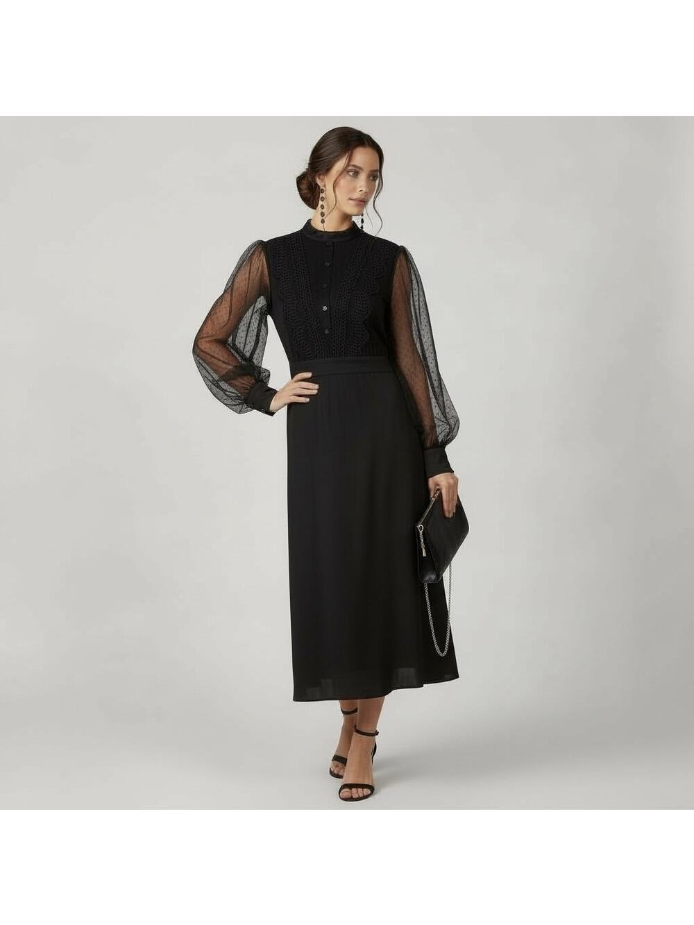 Burryco Black Sheer Long Sleeves Special Occasion Lace Trim Midi Dress XL/10 NWT